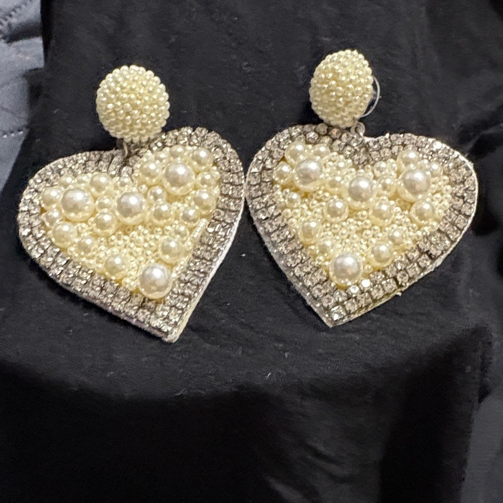 Macy's Pearl & Crystal Heart Drop Earrings - Ivory Pearl